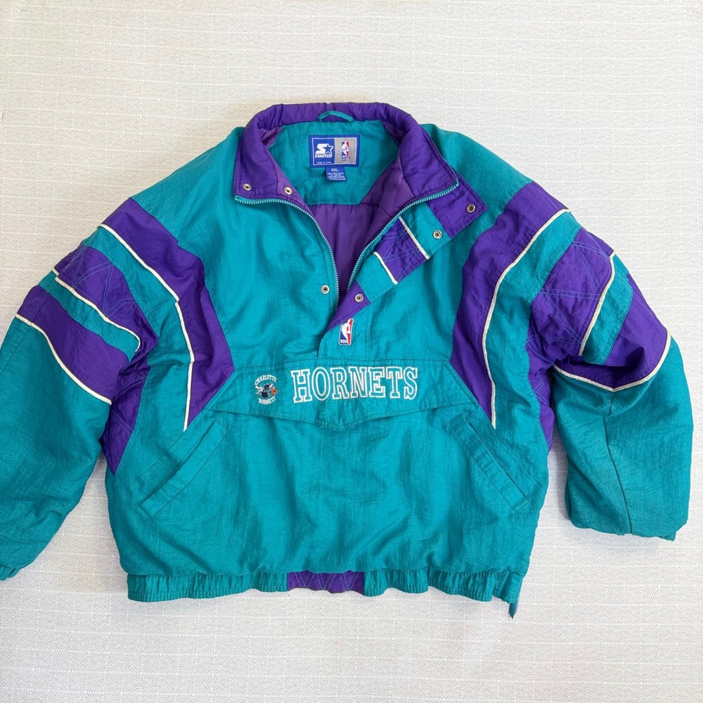 Vintage Starter NBA Charlotte Hornets Puffer Jacket Teal Purple Mens XXL Pouch